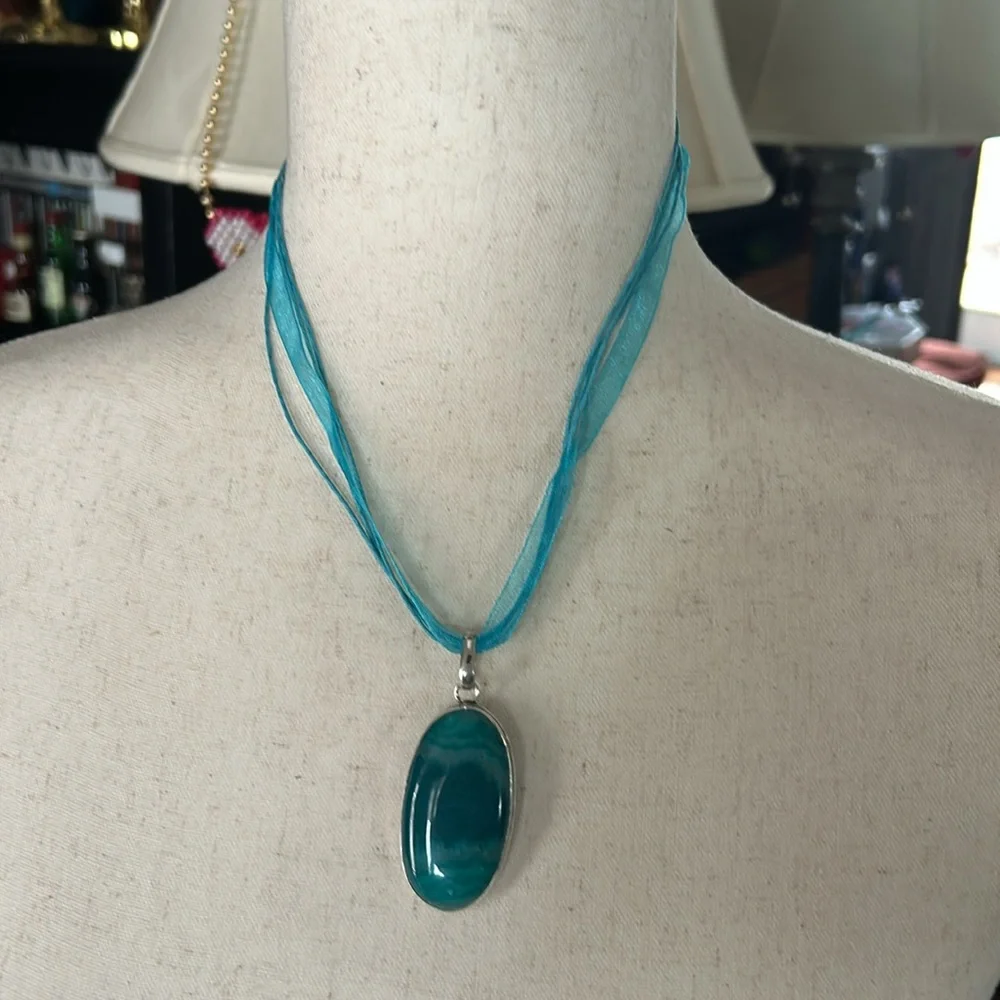 Artisan-made 925 Sterling Silver Blue Banded Agate Stone Pendant Necklace